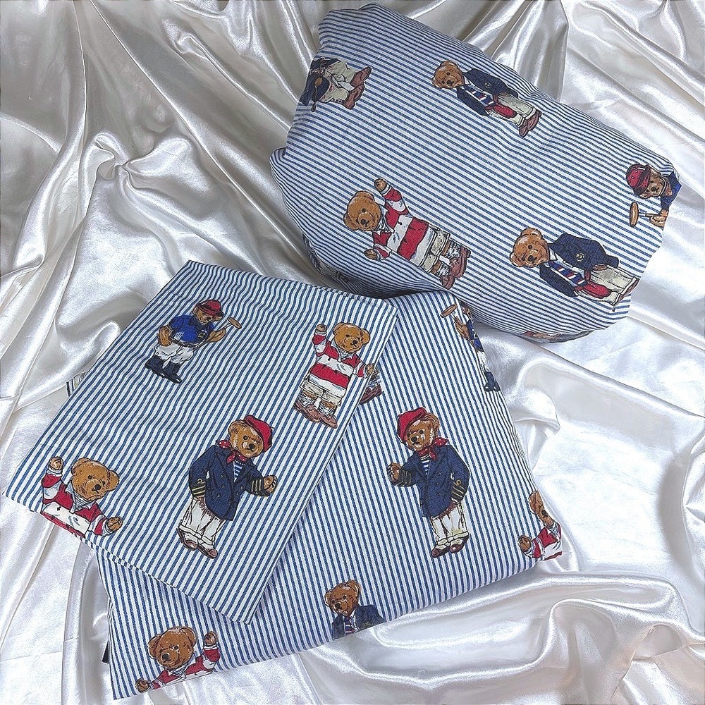 Vintage Ralph Lauren Polo Bear Sheet Set Blue White Excellent Queen Pinstripe